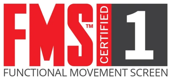 Logo for Functional Movement Screen (FMS) certified level 1, featuring bold red and gray text.
